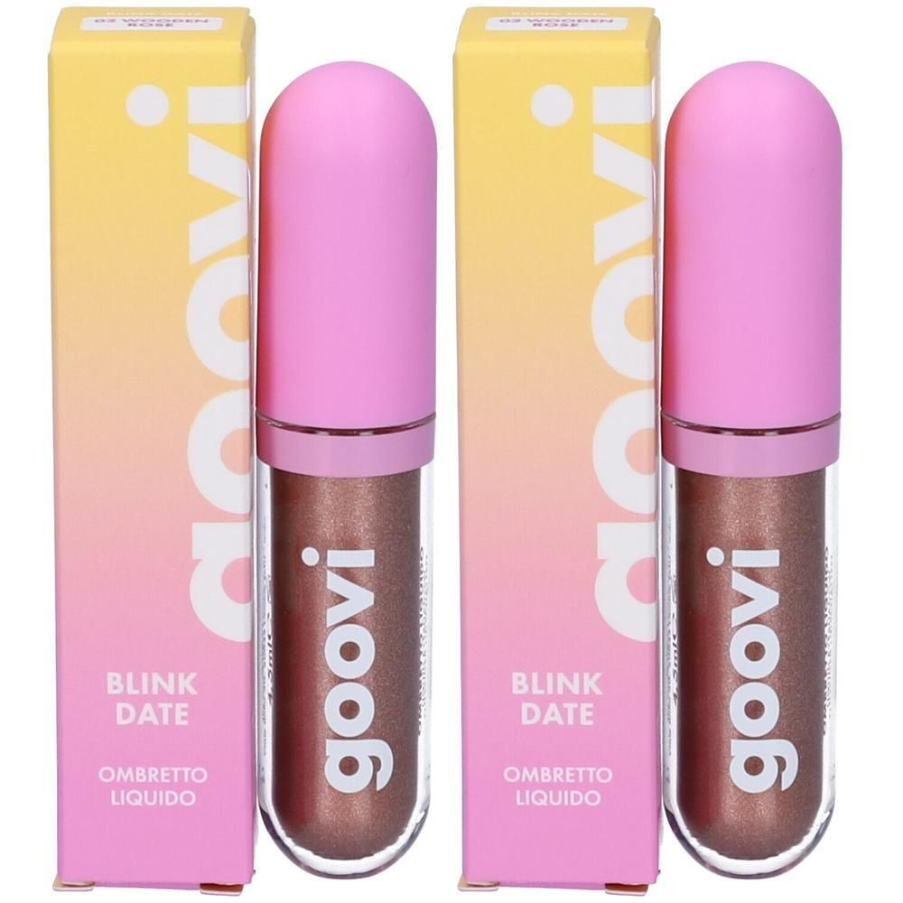 Due ombretti liquidi Goovi Blink Date color bronzo con tappi rosa e confezioni in cartone.