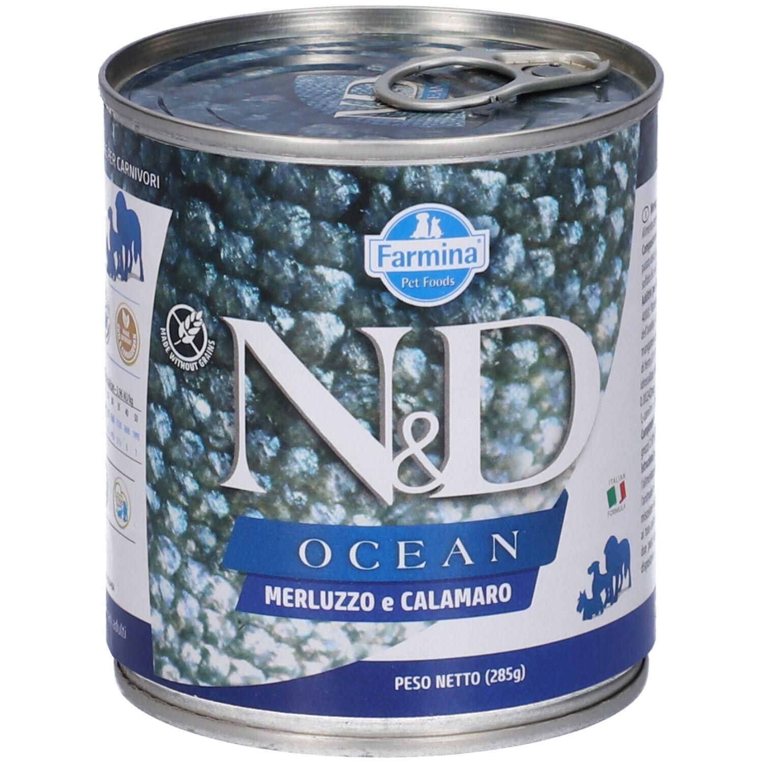 Lattina di cibo per animali N&D Ocean con merluzzo e calamari.