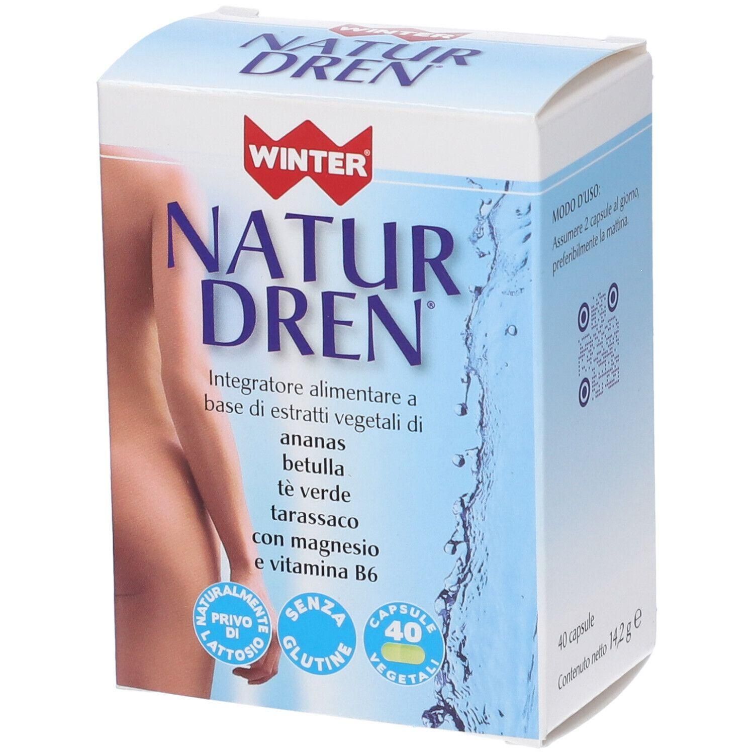Winter Natur Dren: confezione da 40 capsule vegetali, estratti vegetali, senza lattosio e glutine.
