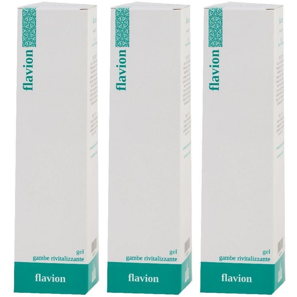 Tre scatole bianche con il nome del marchio Flavion e la scritta 'gel gambe rivitalizzante'.