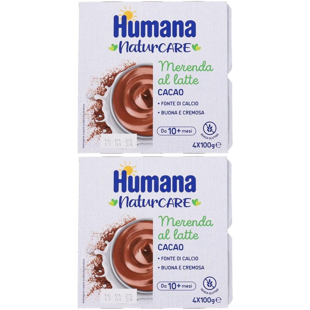 Due confezioni Humana NaturCARE Merenda al latte Cacao, 4x100g.