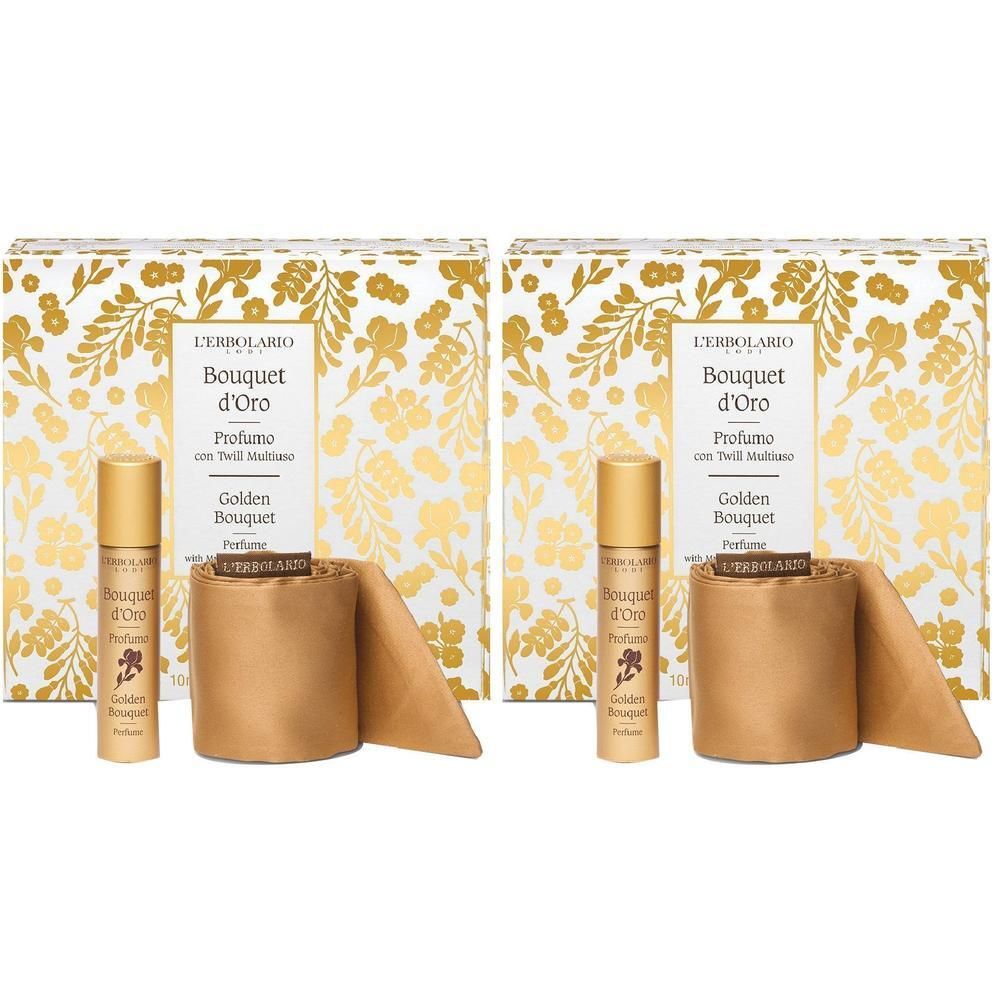 Due cofanetti regalo contenenti ciascuno un profumo roll-on dorato e un diffusore in confezione marrone con motivo floreale dorato.