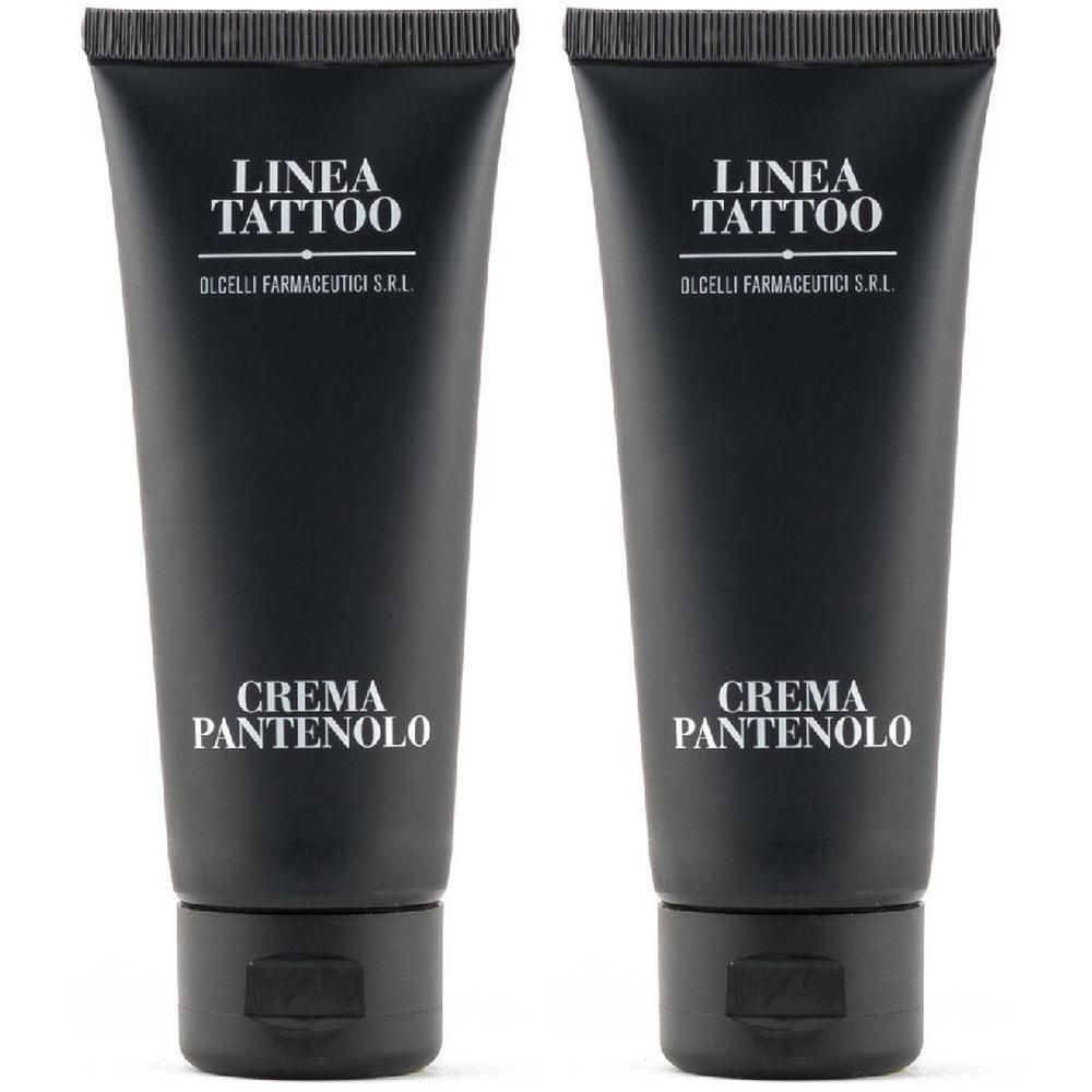 Due tubetti neri con scritta "Linea Tattoo Crema Pantenolo".