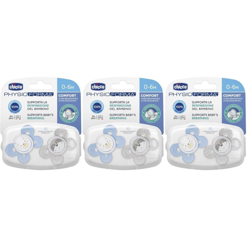 Tre succhietti Chicco PhysioForma Comfort 0-6 mesi, 2 pezzi per confezione.