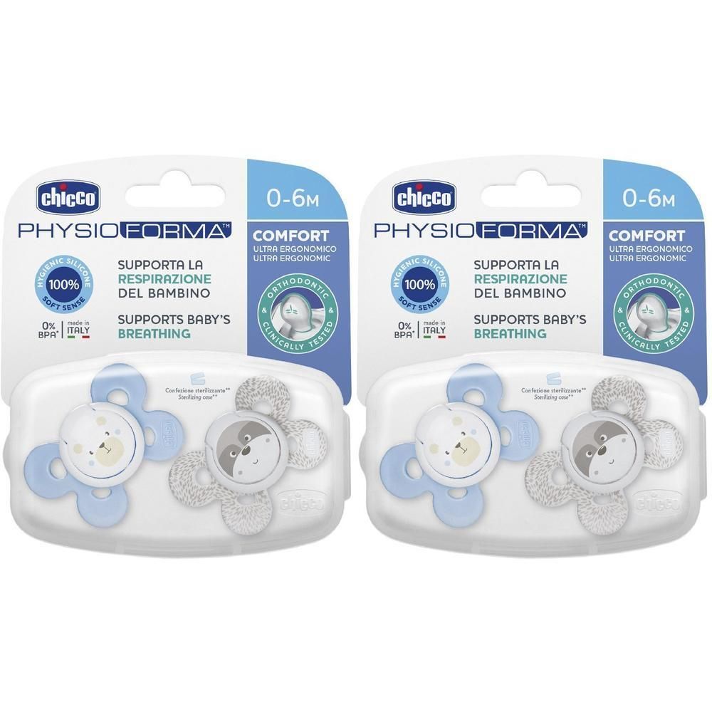 Due succhietti Chicco PhysioForma Comfort 0-6 mesi in silicone, con disegno di orsetto.