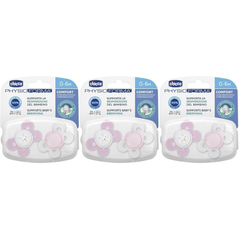 Tre confezioni di ciucci Chicco Physioforma Comfort 0-6 mesi, in silicone, bianco e rosa.