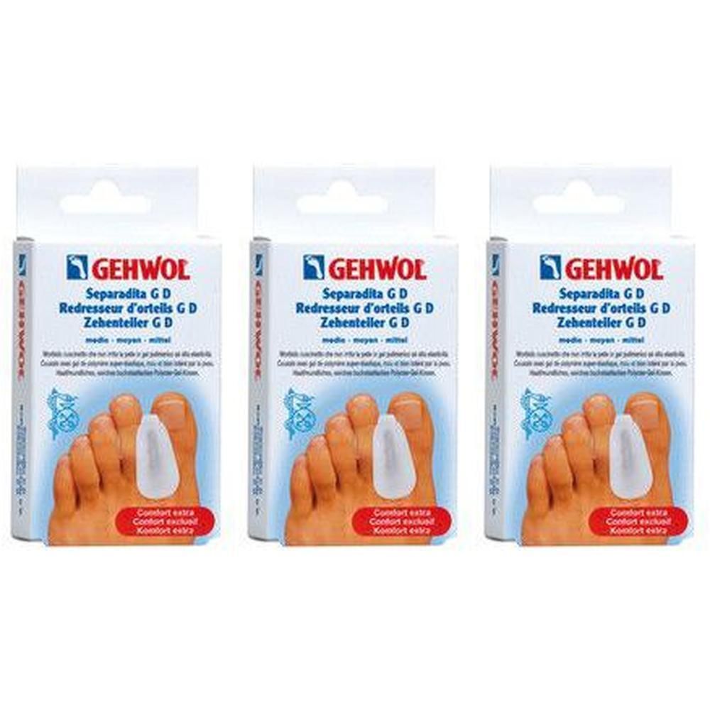 Tre confezioni di GEHWOL Separadita GD, bianchi, in gel. Mostrano un piede con separatori per dita.