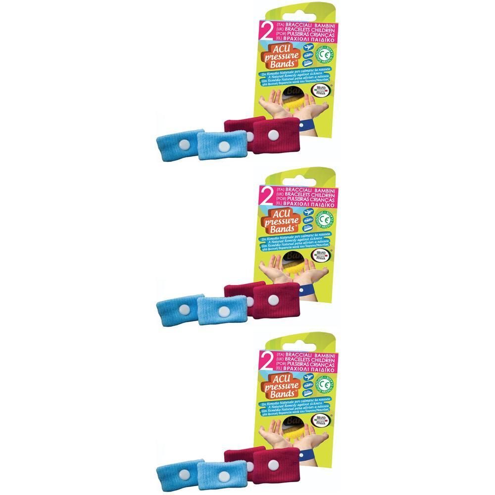 Due paia di bracciali per agopressione, blu e rossi, con bottone bianco. La confezione mostra mani.