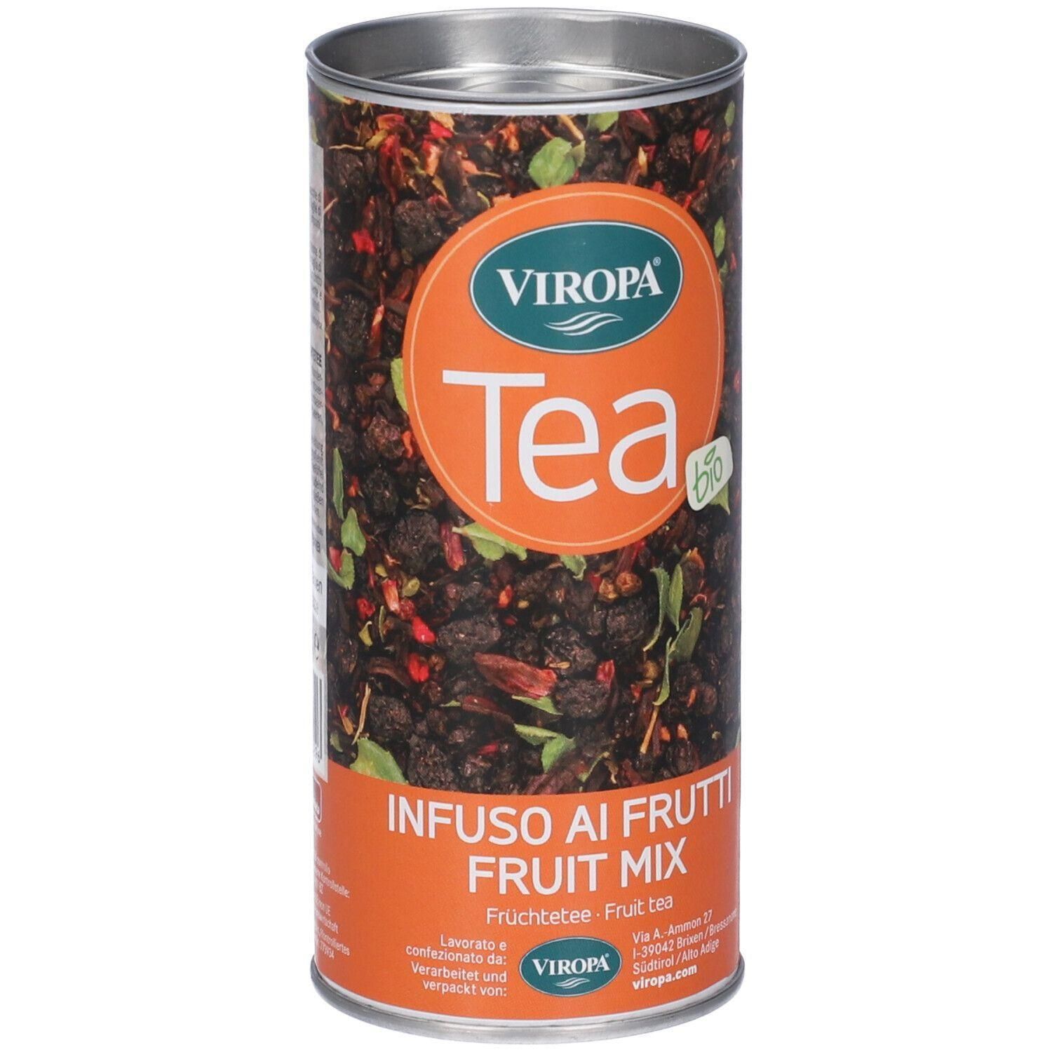 Tè biologico Viroppa Fruit Mix in lattina rotonda.