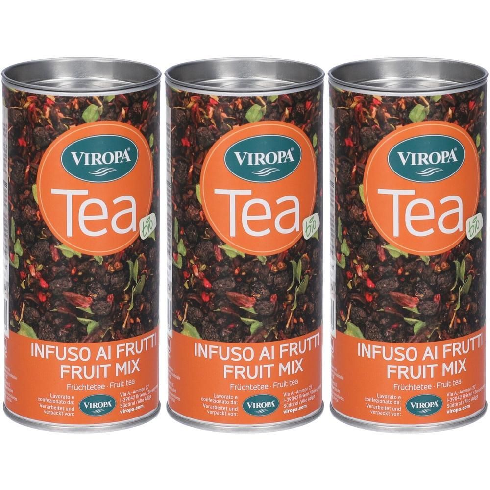 Tre lattine di tè biologico ai frutti Viropa "Fruit Mix".