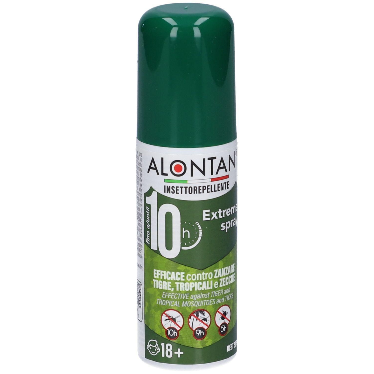 Bomboletta spray verde di repellente per insetti. Indica 10 ore di protezione e simboli per zanzare e zecche.