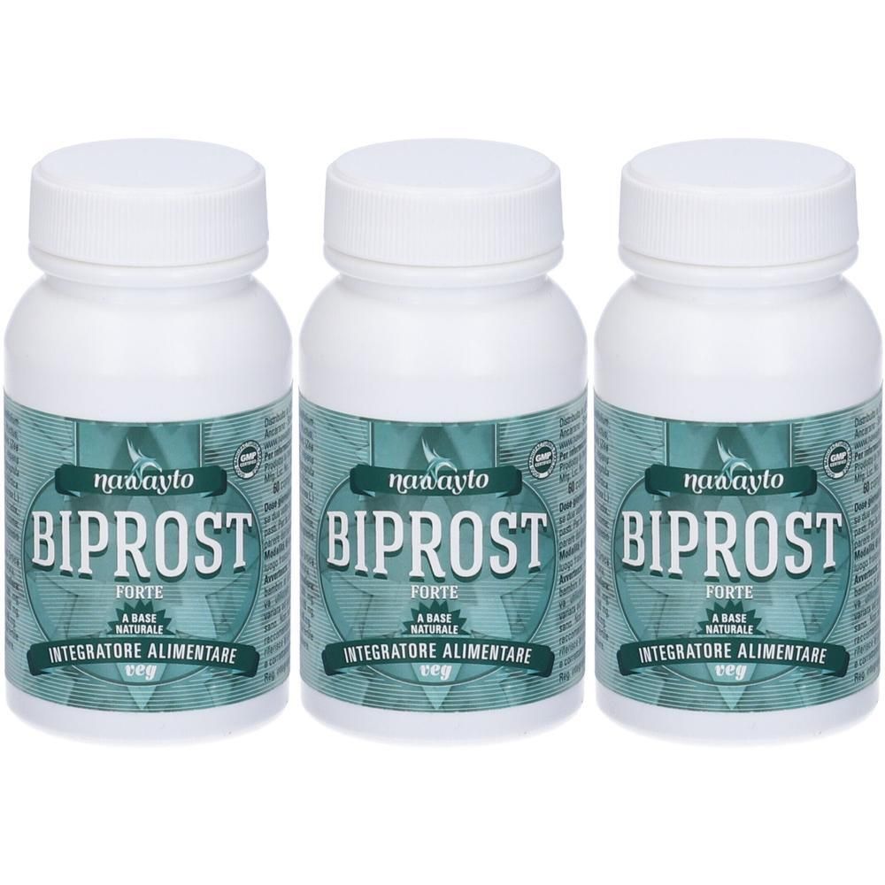 Tre contenitori bianchi con etichette Biprost Forte, indicanti un integratore alimentare.