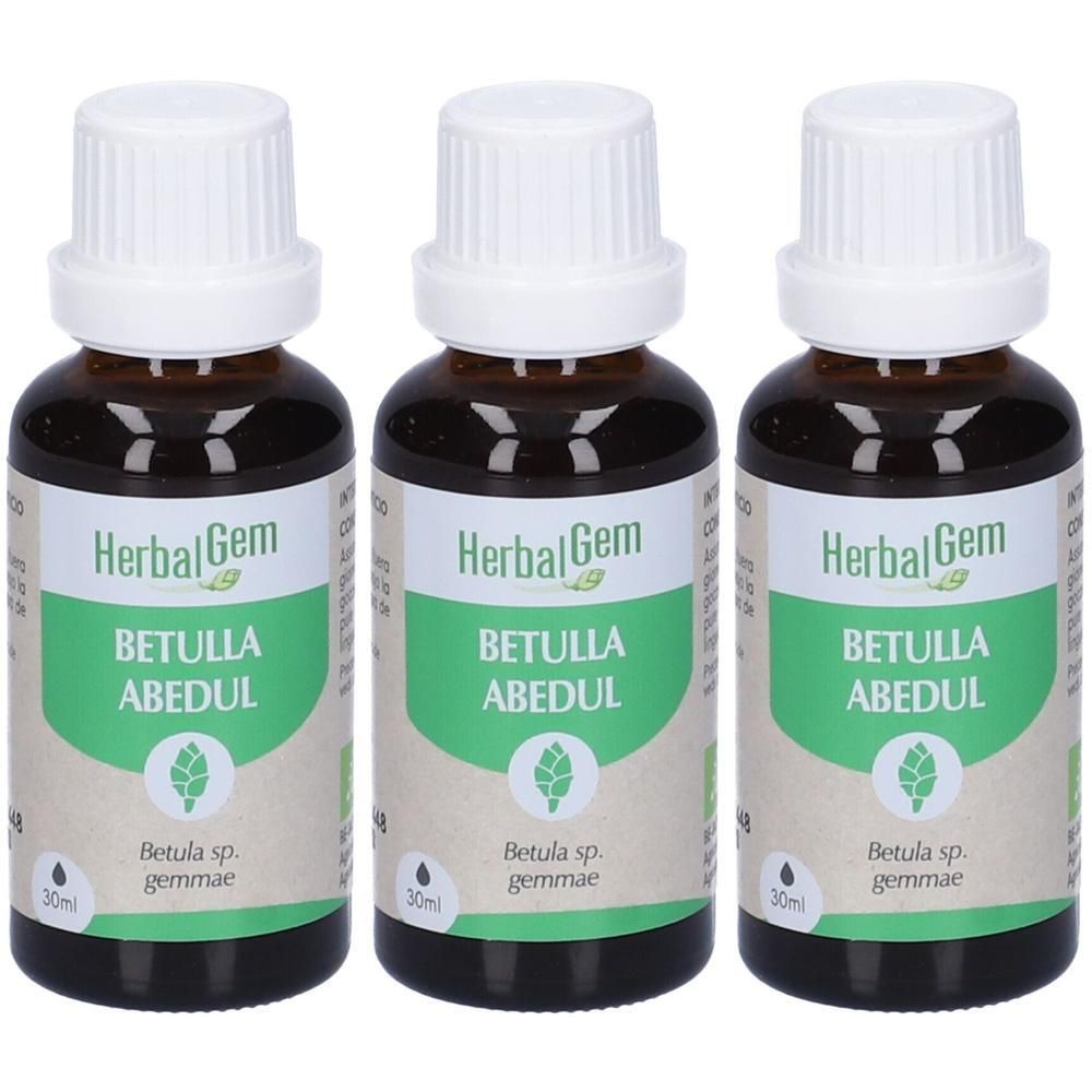 Tre flaconi HerbalGem Betula Abedul con tappi bianchi ed etichette che mostrano la pianta e 30ml.