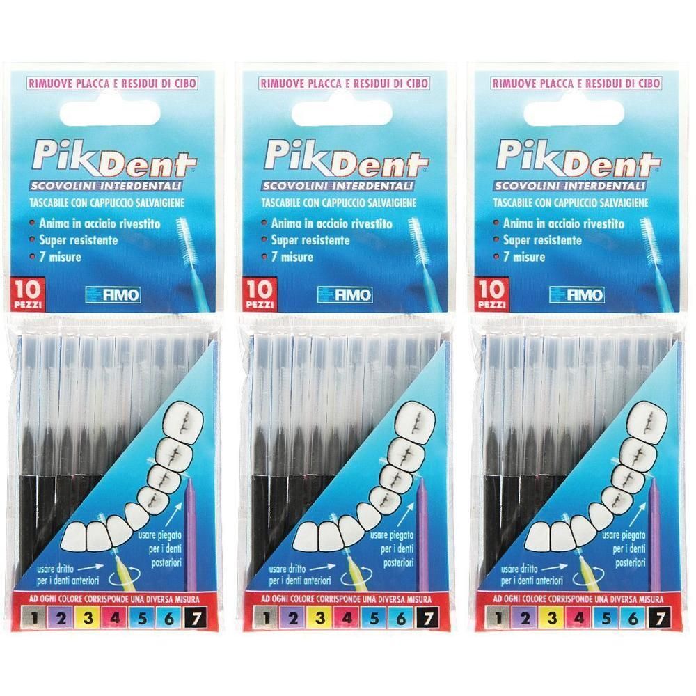 Tre confezioni di spazzolini interdentali PikDent, 10 pezzi ciascuna. Confezione blu con schema dentale.