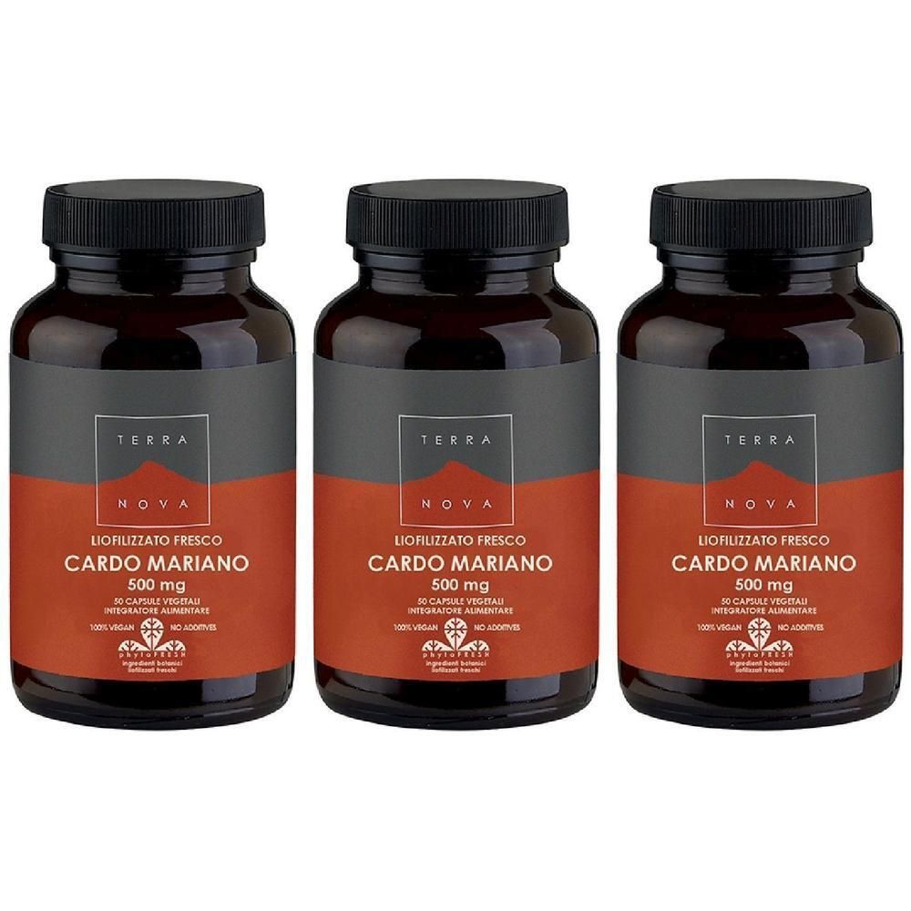 Tre flaconi di capsule Terranova Cardo Mariano 500 mg con tappi neri ed etichette arancioni-grigie.