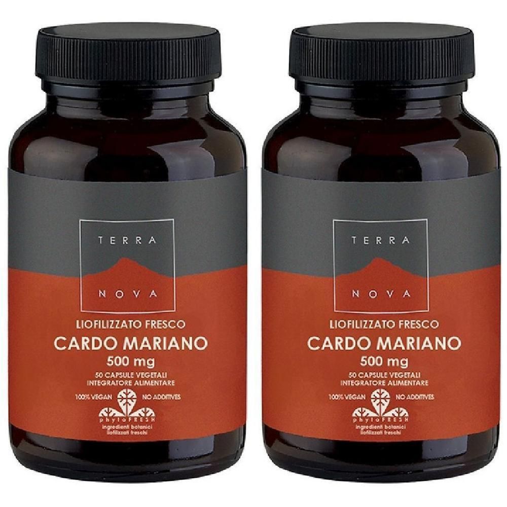 Due flaconi di capsule Terranova Cardo Mariano 500mg. Contenitori in vetro ambrato con tappi neri.