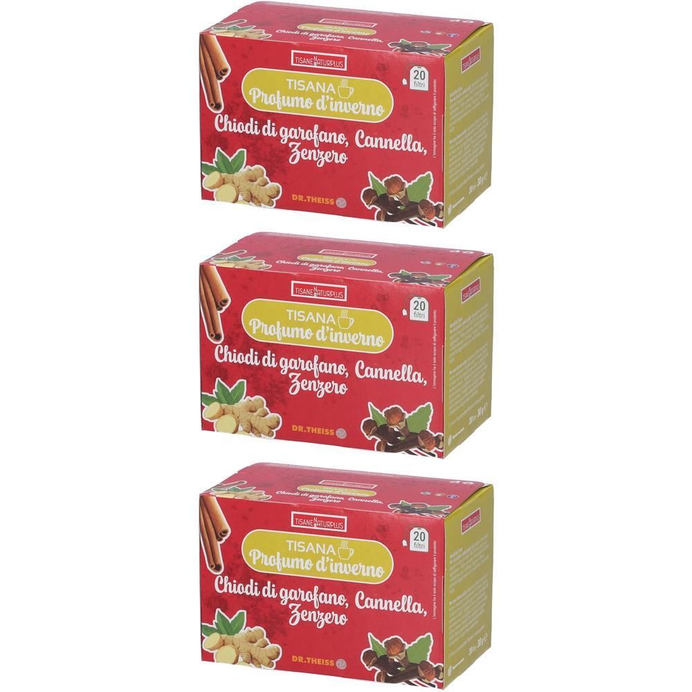Tre scatole di tisana Profumo d'Inverno con chiodi di garofano, cannella, zenzero. Contiene 20 filtri.
