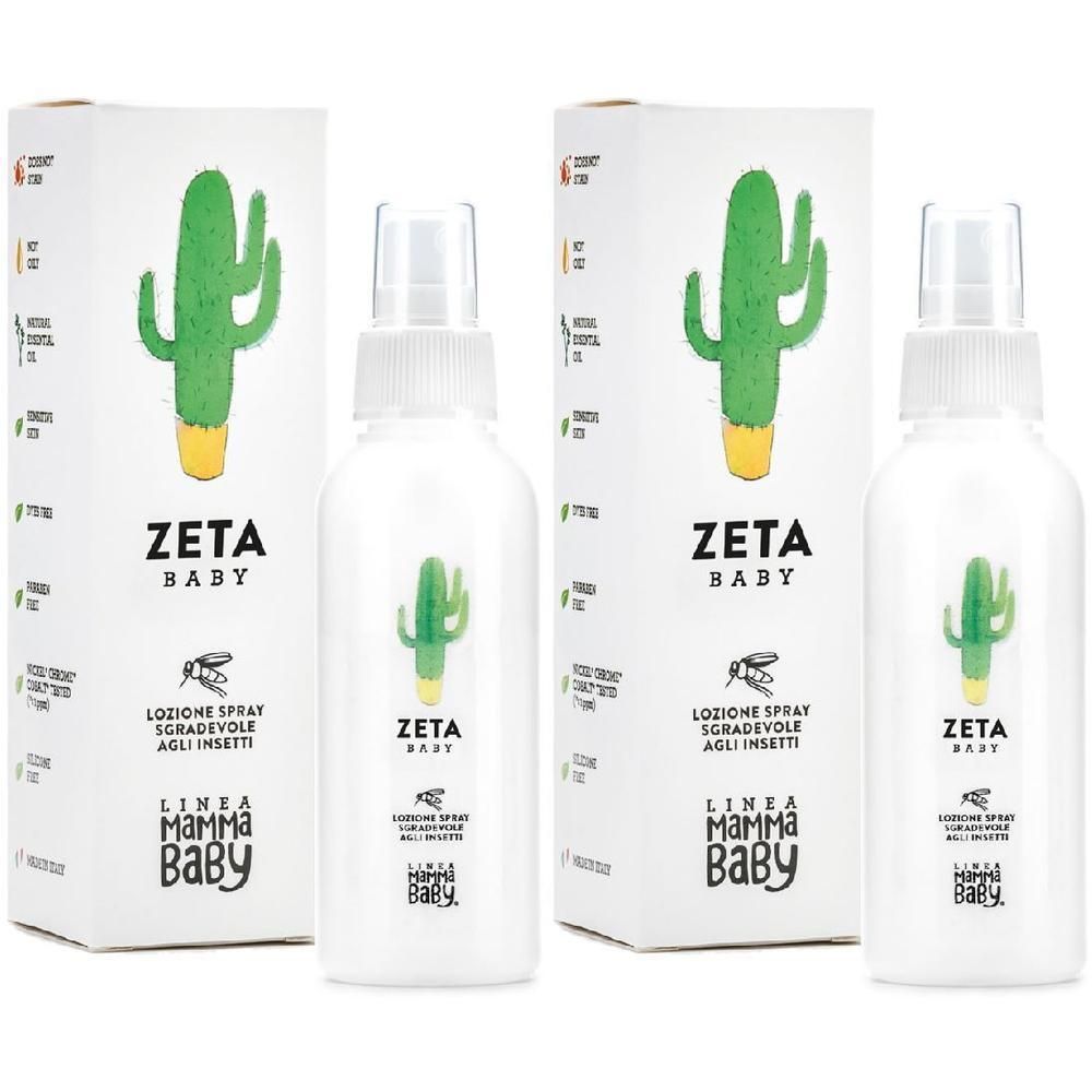 Due flaconi e scatole con disegno di cactus per spray antizanzare Zeta Baby.