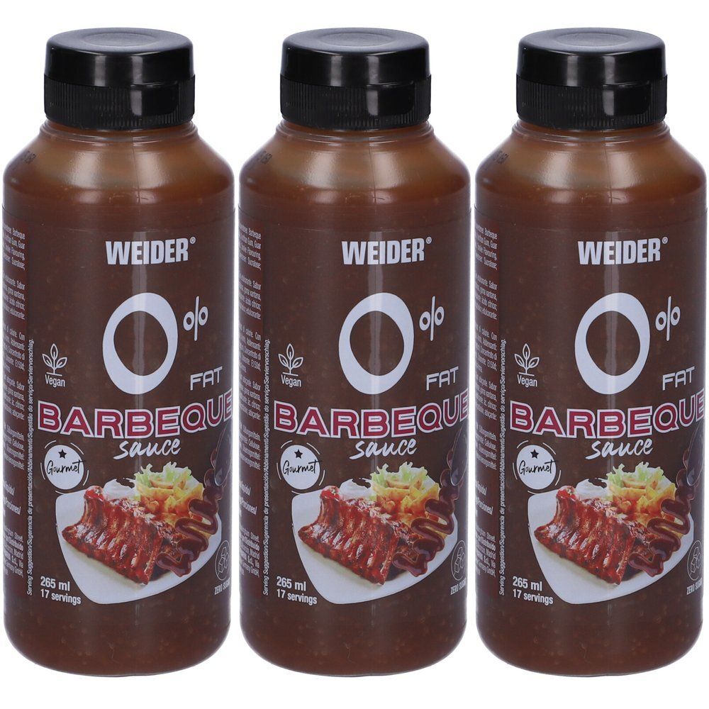 Tre bottiglie di salsa barbecue Weider, 0% grassi, vegan.