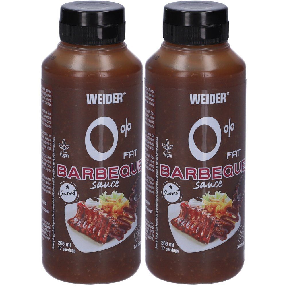 Due bottiglie di salsa barbecue Weider, 0% grassi, vegana.
