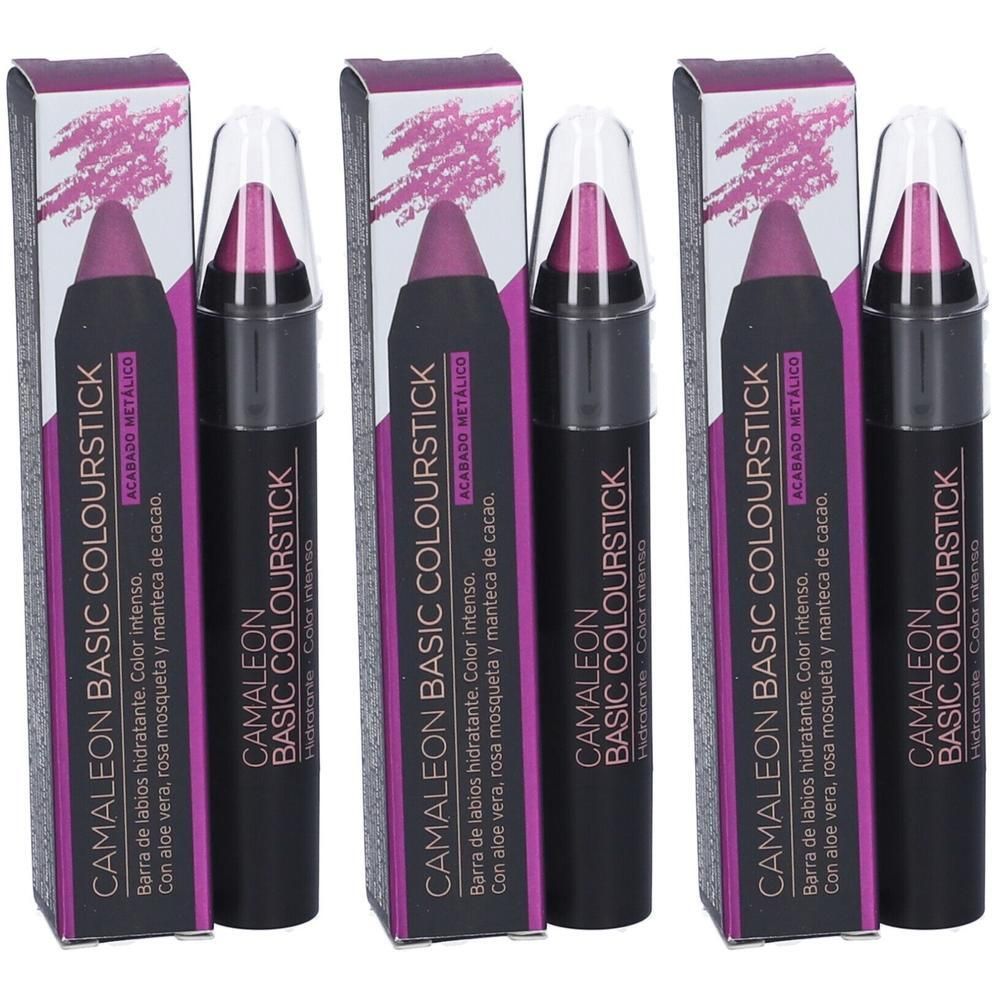 Tre Camaleon Basic Coloursticks in confezione scura con accenti viola. I bastoncini sono viola e hanno un tappo trasparente.