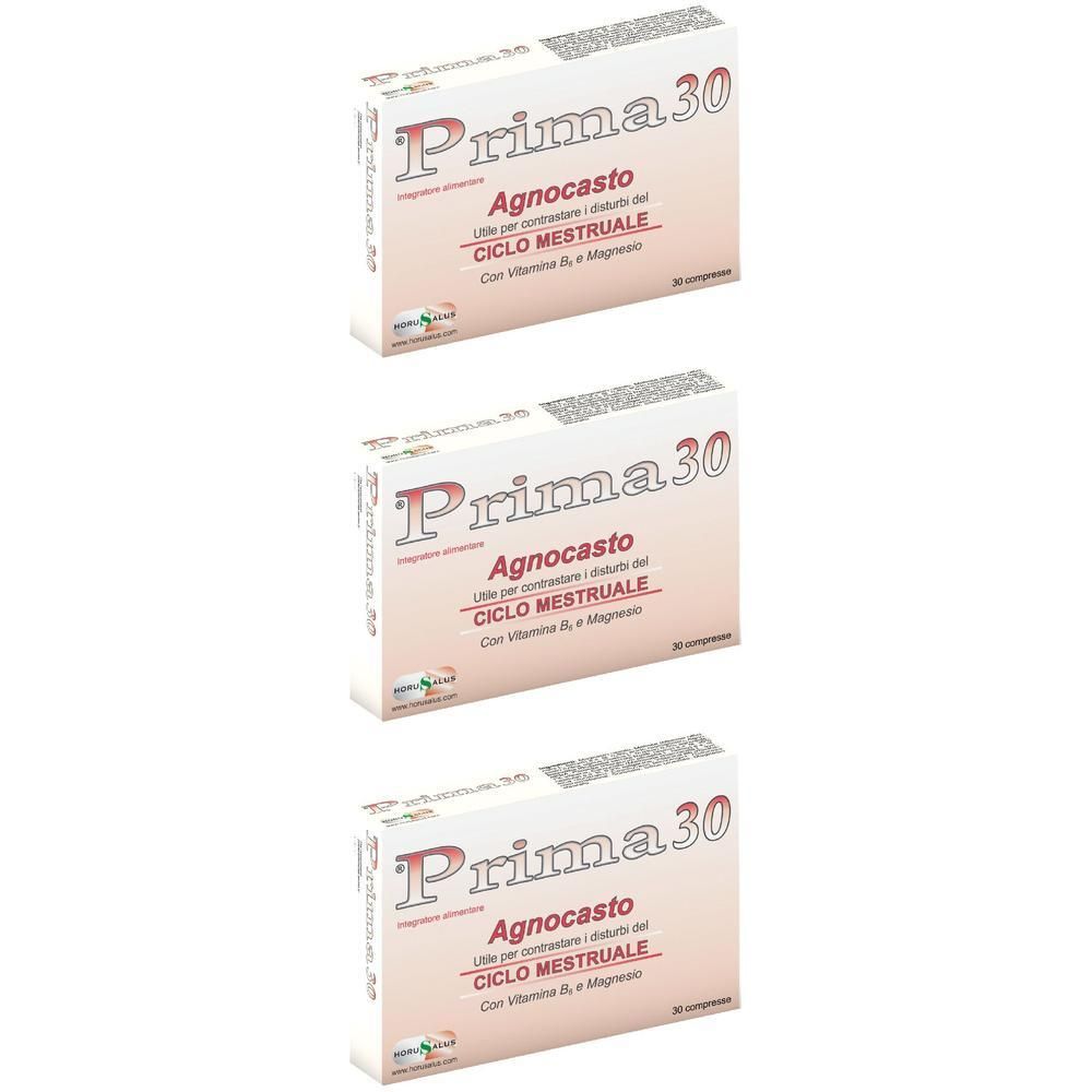 Tre confezioni di Prima Agnocasto, 30 compresse. Per i disturbi del ciclo con Vitamina B6 e Magnesio.