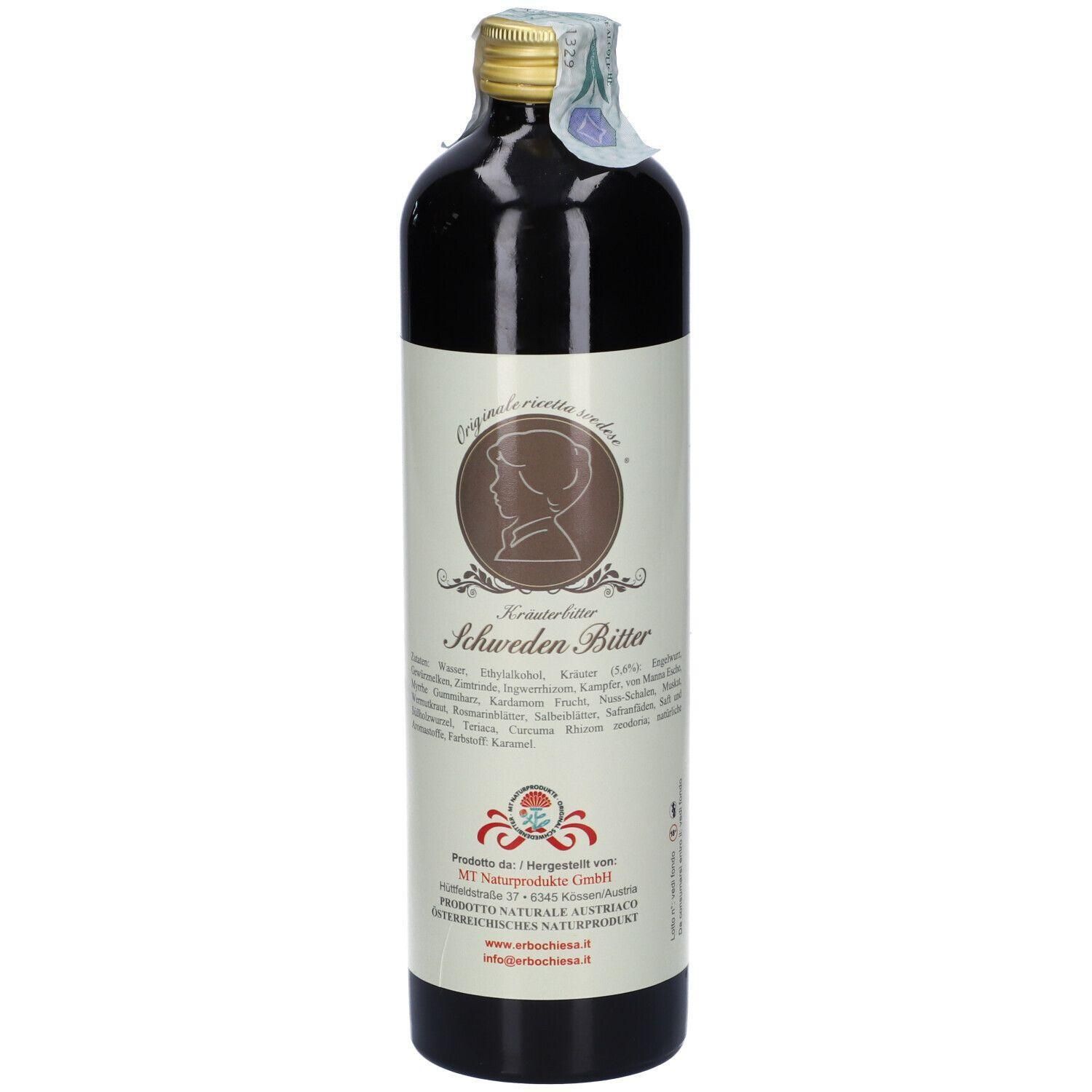 Bottiglia in vetro scuro con etichetta per Schweden Bitter Kräuterbitter.
