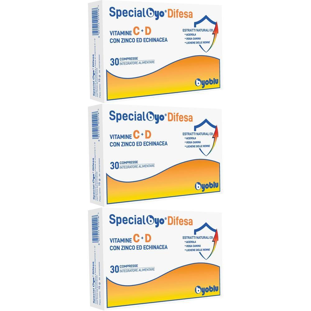 Tre confezioni di Special Byo Difesa con Vitamine C+D, Zinco ed Echinacea, 30 compresse per confezione.
