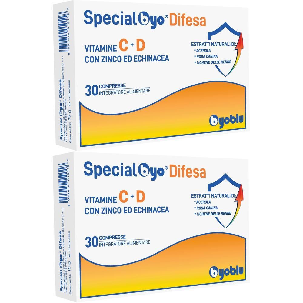 Due confezioni di Special Byo Difesa compresse con Vitamina C+D, Zinco ed Echinacea. 30 compresse per confezione.