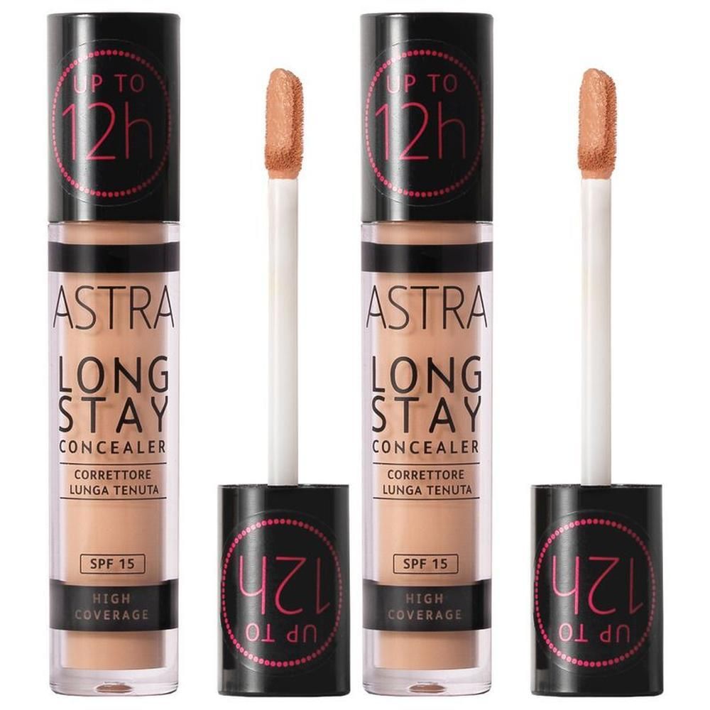 Tre flaconi di correttore Astra Long Stay con applicatori. Ogni flacone mostra 'Fino a 12h' e 'SPF 15'.