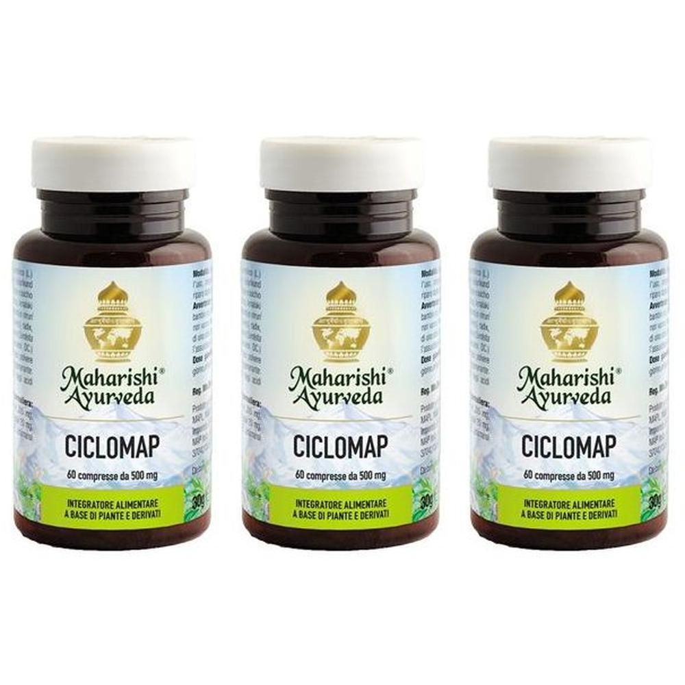 Tre flaconi di Ciclomap, integratore alimentare, 60 compresse ciascuno.