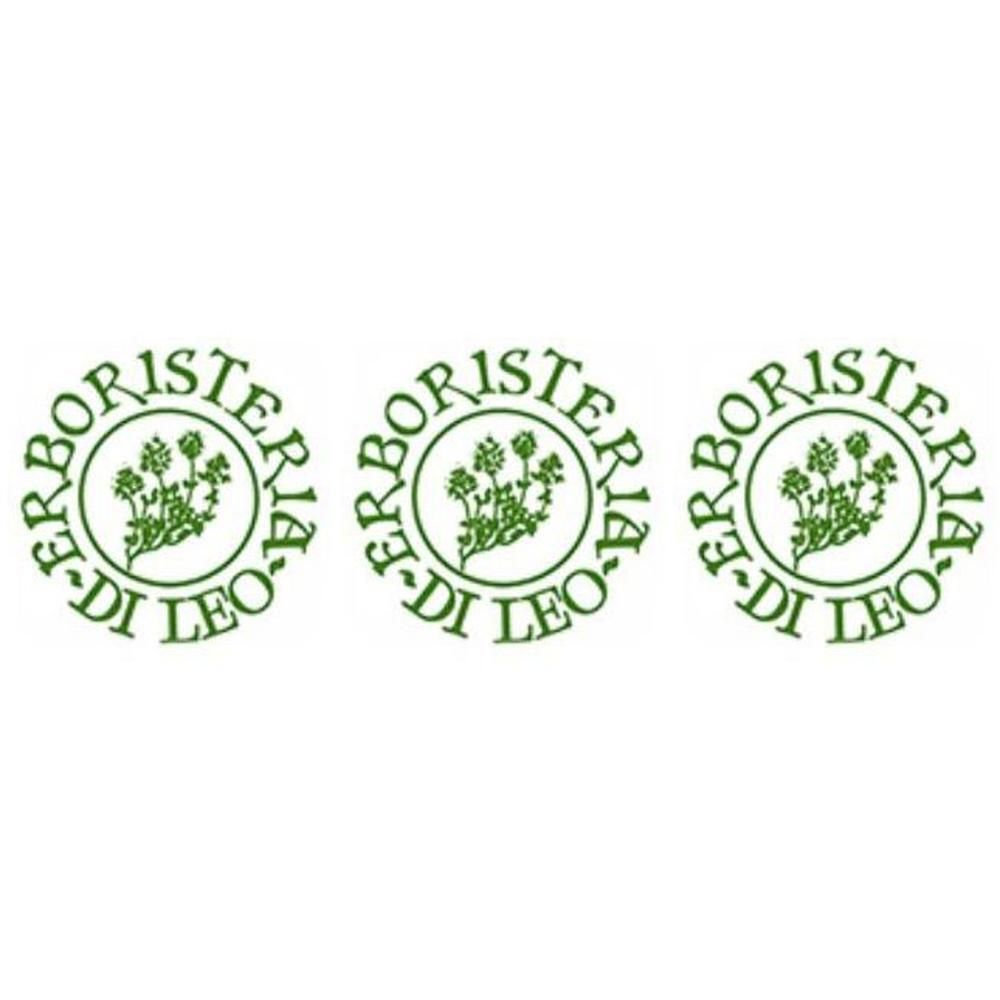 Tre sigilli circolari verdi con motivo vegetale e scritta 'Erboristeria Di Leo'.