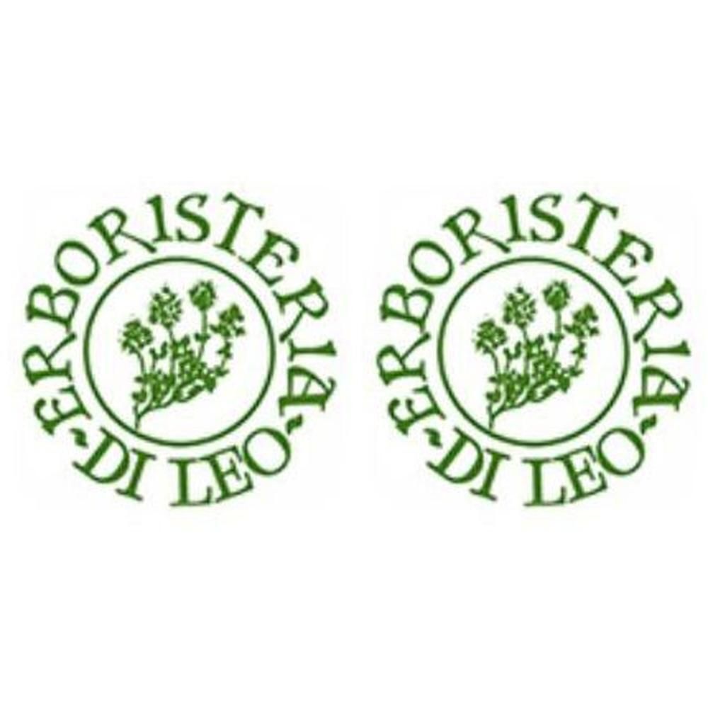 Due sigilli circolari verdi con erbe e testo 'ERBORISTERIA DI LEO'.