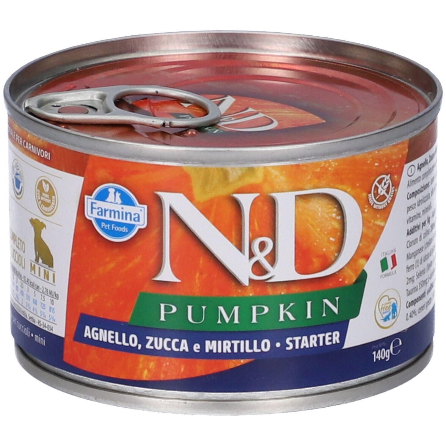 Una lattina di Farmina ND Pumpkin Agnello, Zucca e Mirtillo.