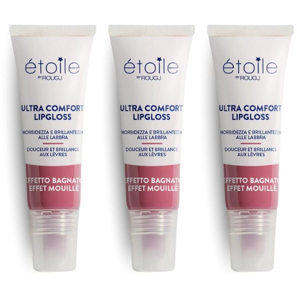 Tre tubetti di Étoile by Rougj Ultra Comfort Lipgloss rosa.