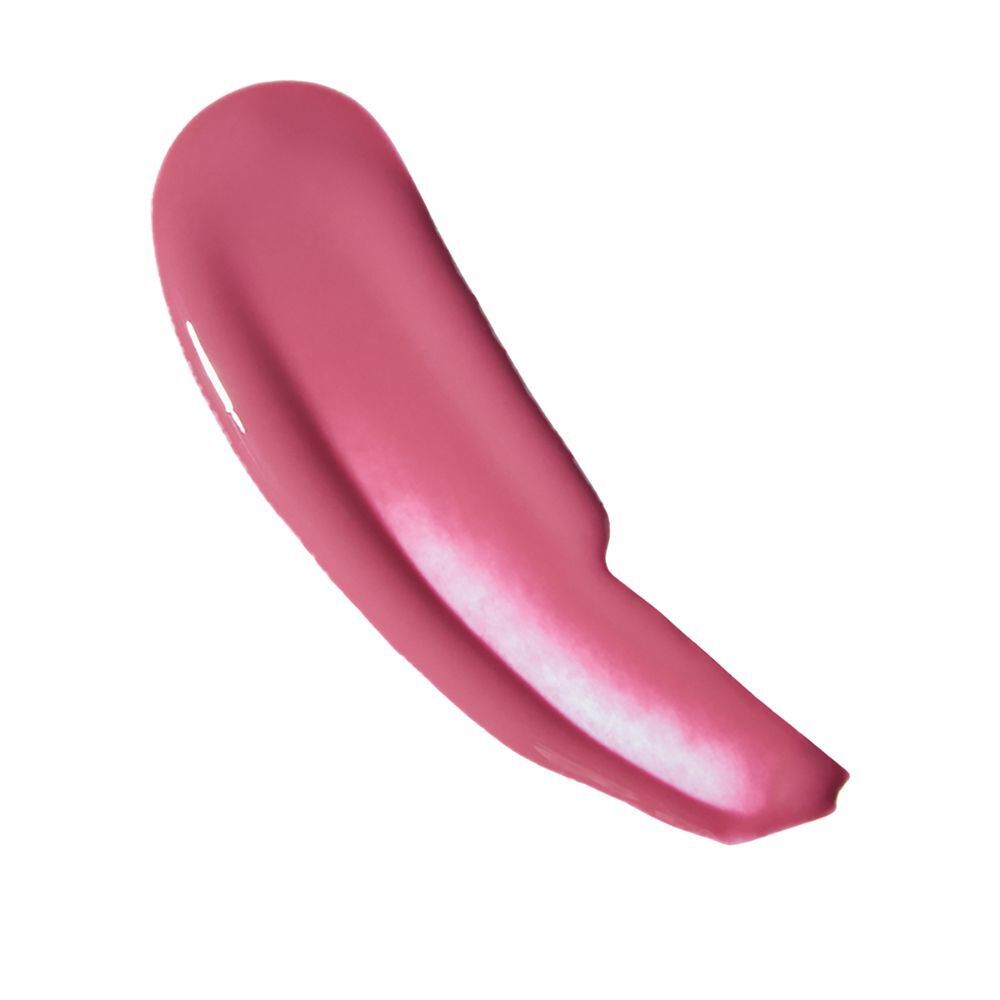 Una swatch di rossetto rosa scintillante su sfondo bianco.