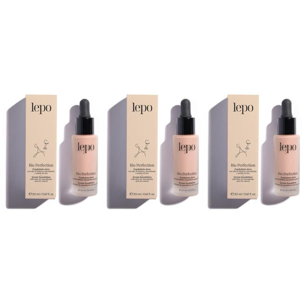 Tre flaconi di fondotinta Lepo Bio Perfection con contagocce e confezione.