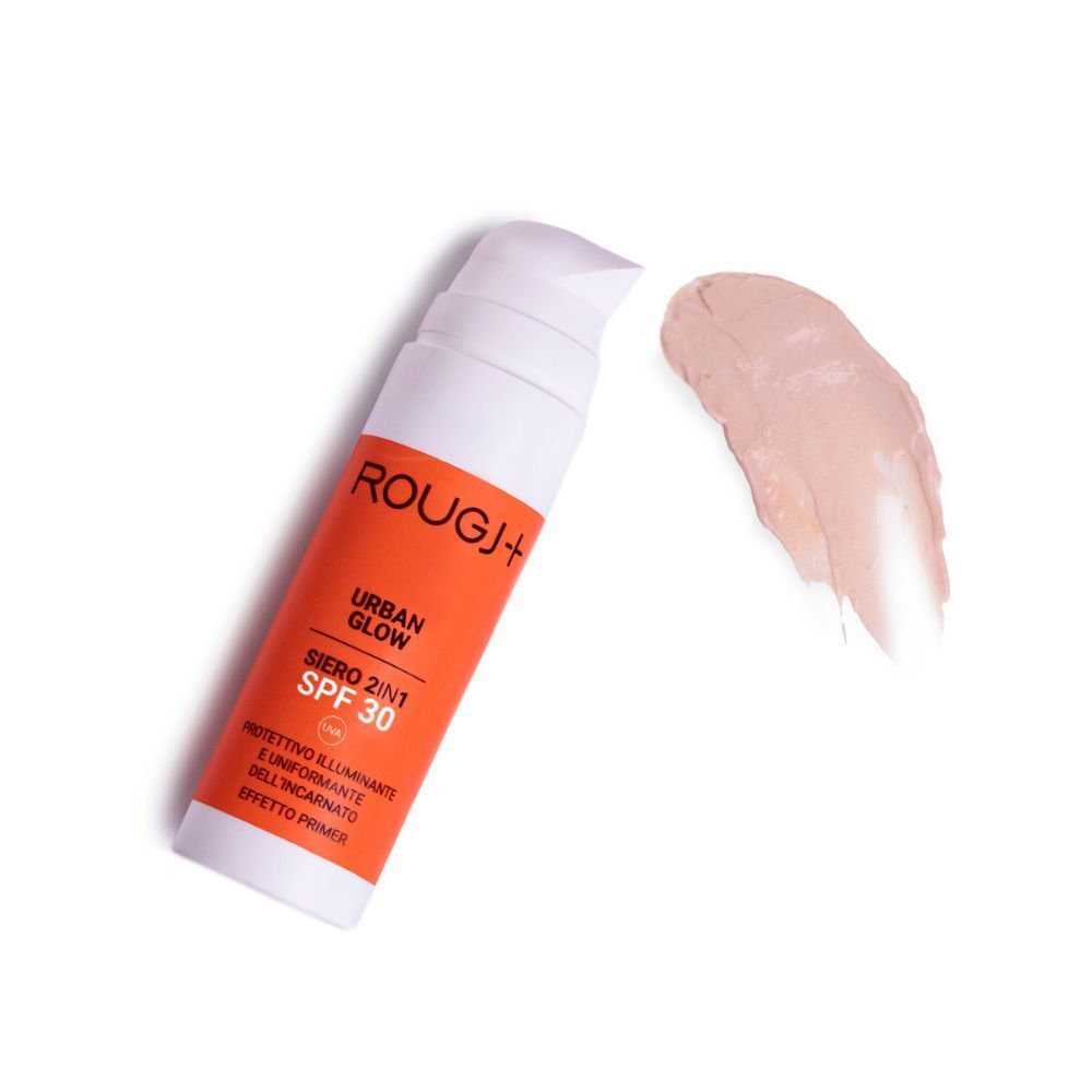 Un flacone Rougj Urban Glow con SPF 30 e una striscia di prodotto.