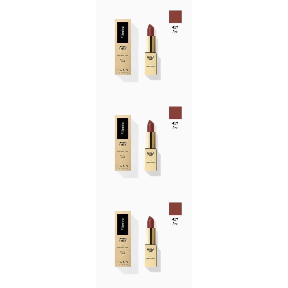 Tubo di rossetto dorato con rossetto rosso-marrone. Accanto, una scatola rettangolare con informazioni sul prodotto.