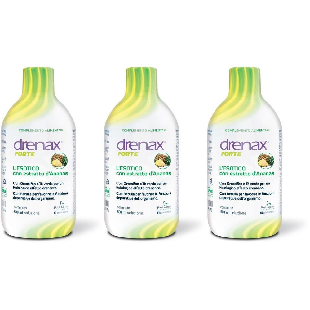 Tre flaconi di Drenax Forte con estratto di ananas. Design bianco e verde.