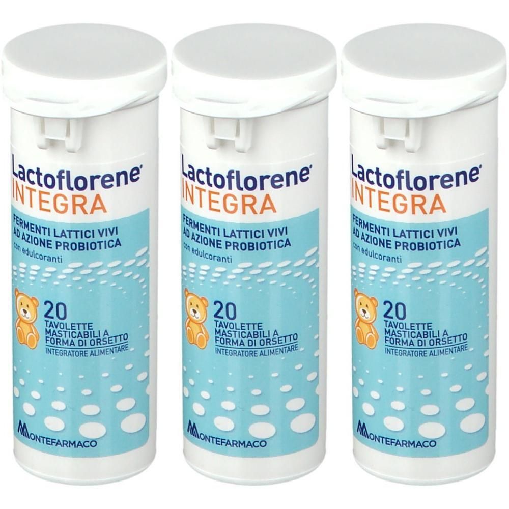 Tre contenitori Lactoflorene Integra, 20 pastiglie a forma di orsetto per contenitore. Montefarmo.