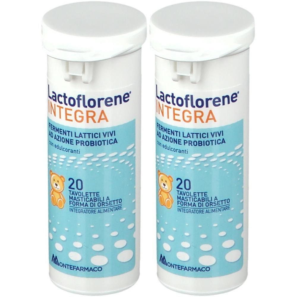 Due flaconi Lactoflorene Integra con 20 tavolette masticabili a forma di orsetto ciascuno. Montefarmaco.