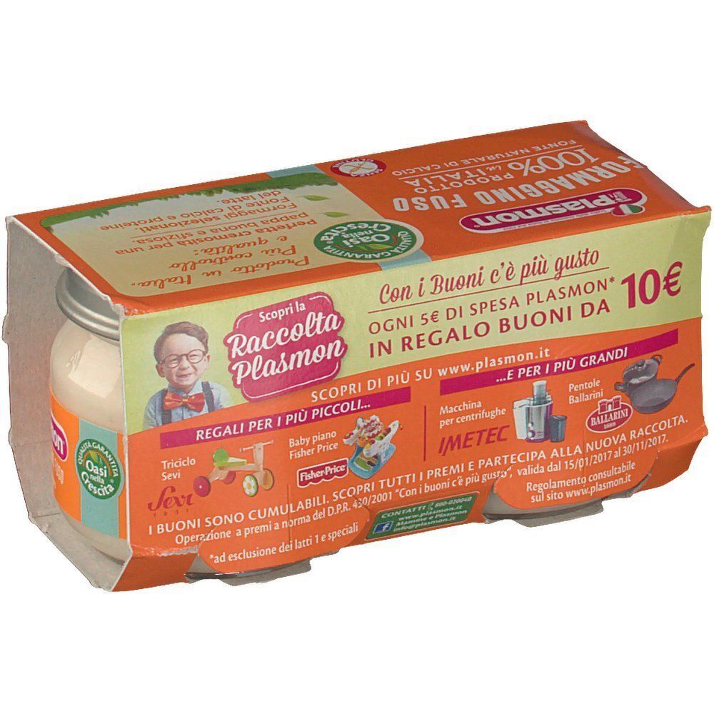 Vasetto di omogeneizzato Plasmon in confezione arancione con immagini di prodotti e messaggi promozionali.