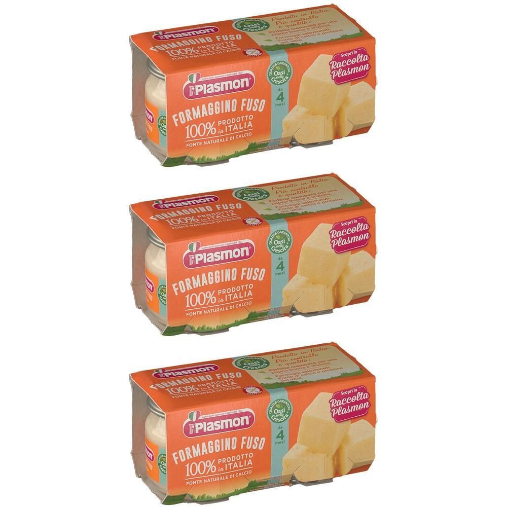 Tre confezioni di formaggino fuso Plasmon, 100% prodotto italiano.