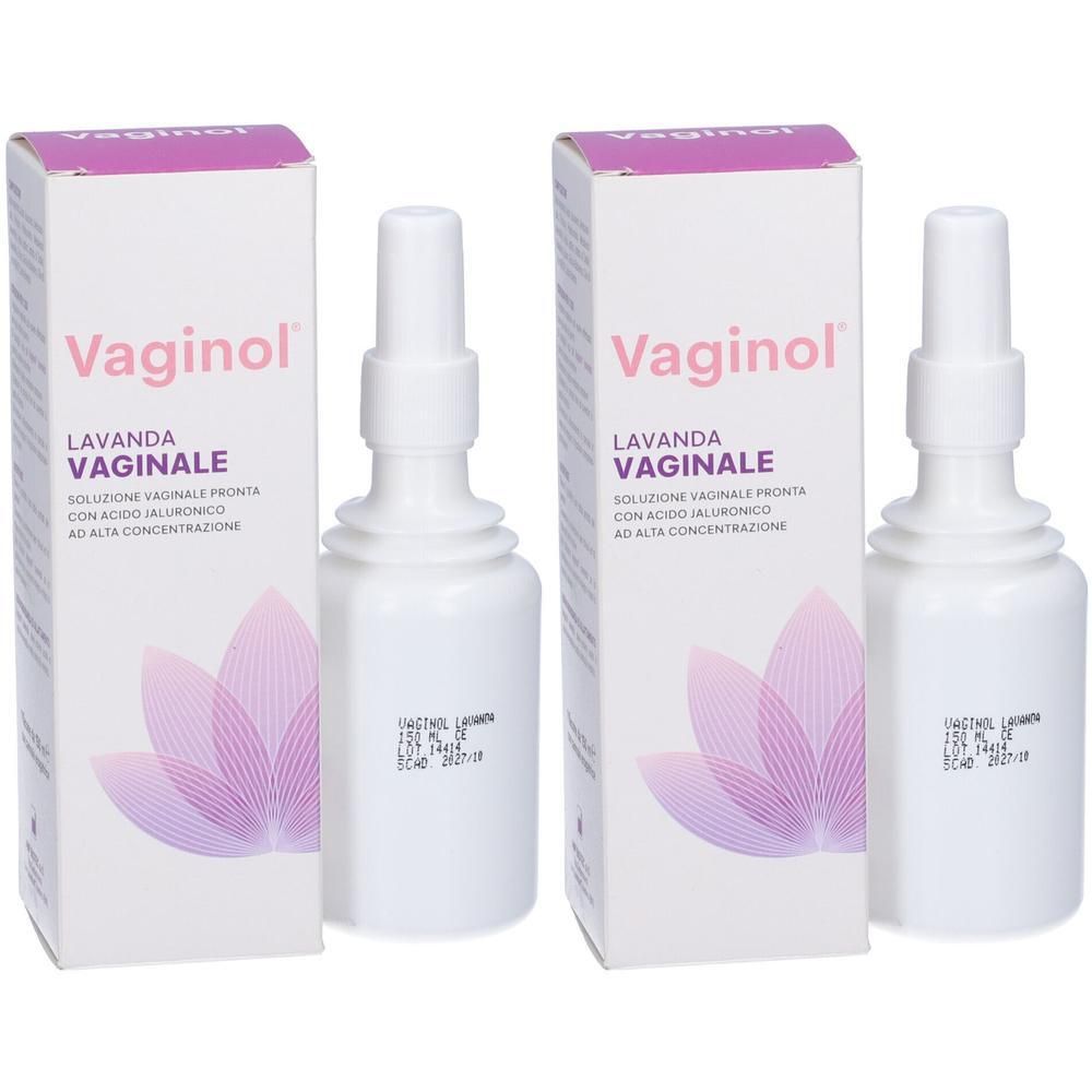 Due confezioni di Vaginol Lavanda Vaginale con flaconi applicatori. Scatole bianche con motivo floreale viola e informazioni sul prodotto.