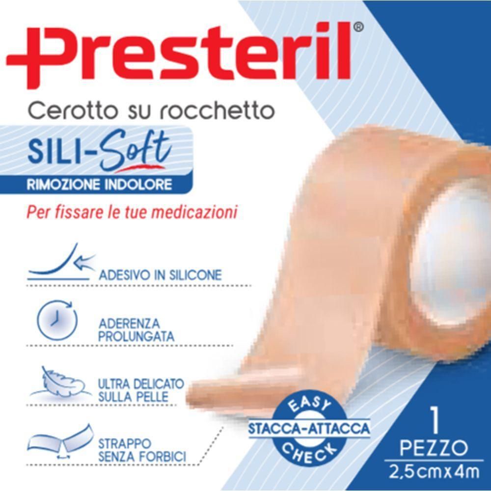 Rotolo cerotto Presteril Sili-Soft: adesivo in silicone, delicato, lunga aderenza, strappo senza forbici. 2,5cm x 4m.
