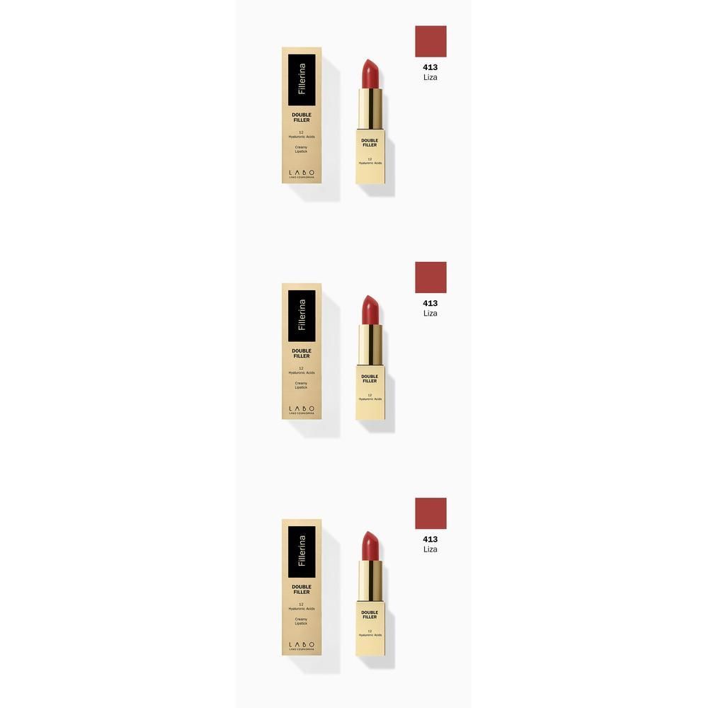 Rossetto dorato con bastoncino rosso, confezionato in scatola dorata. Campione di colore accanto.