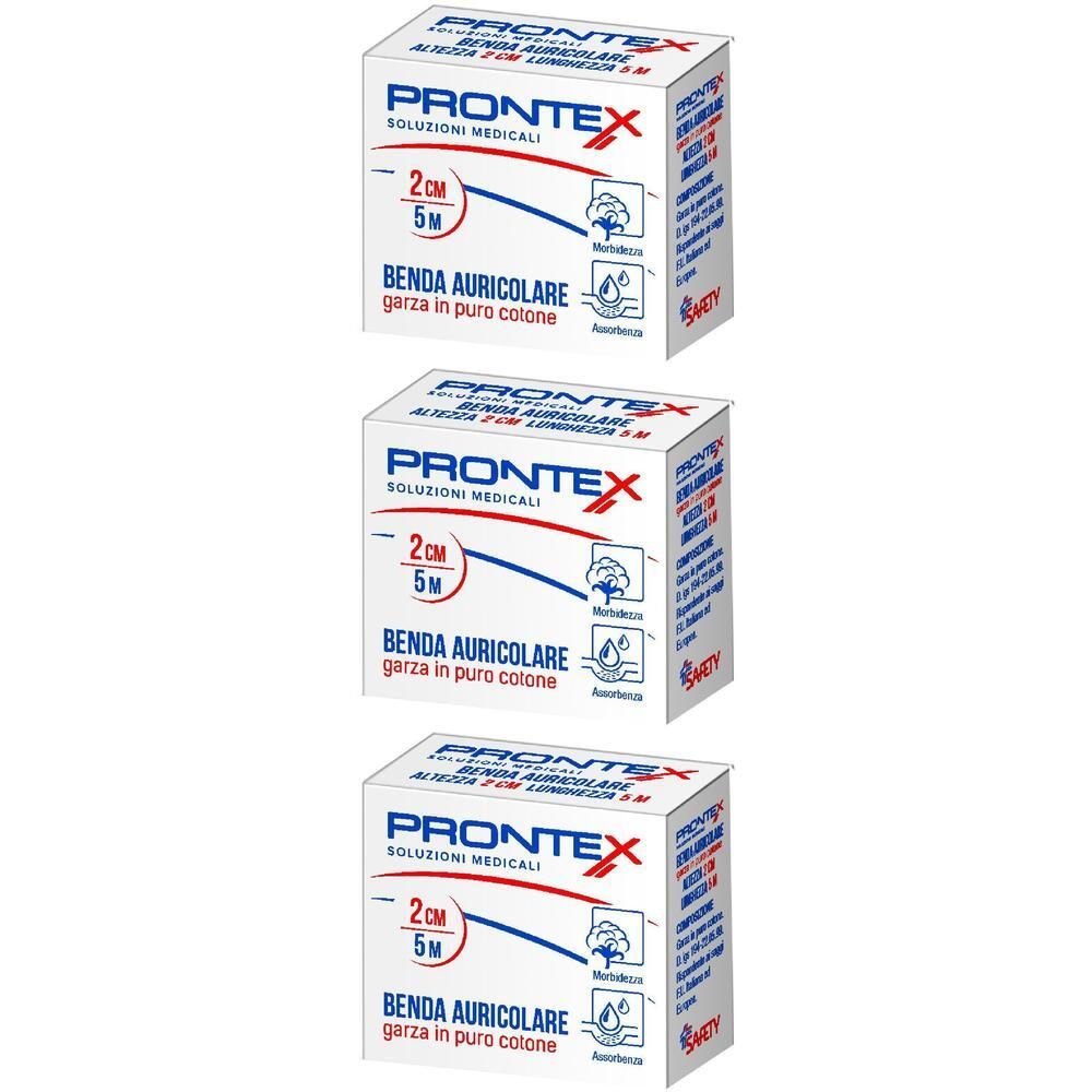 Tre confezioni di benda auricolare Prontex, 2 cm x 5 m, in puro cotone.