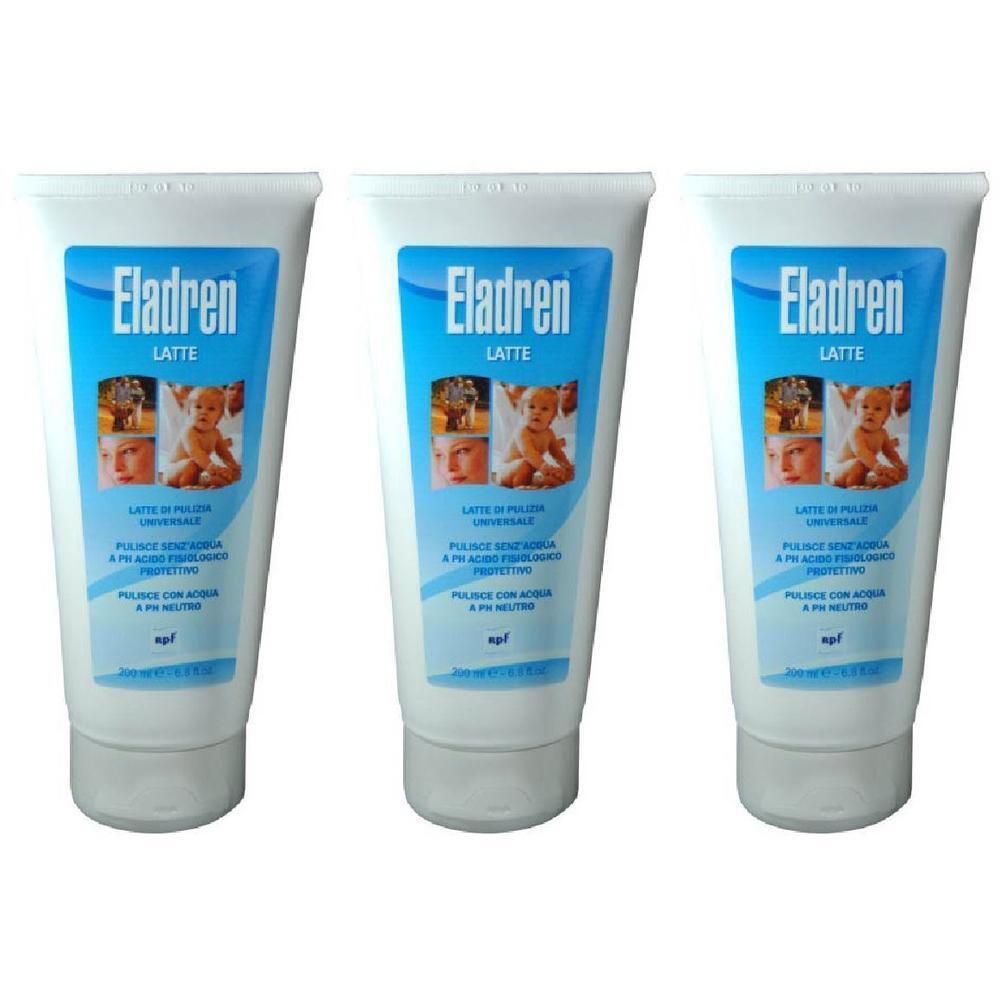 Tre tubi bianchi Eladren Latte con etichette blu raffiguranti neonati e volti. 200 ml.