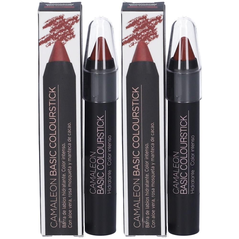 Due Camaleon Basic Colourstick color mattone con cappuccio trasparente. Confezione con illustrazione del prodotto.
